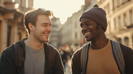 Two friends laugh and share a lighthearted conversation while walking down a sunny city street. The warm light enhances their cheerful expressions and friendly bond.の素材