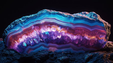 A stunning mineral formation displays intricate layers of vibrant blues, purples, and pinks, showing its unique textures and depth as it catches the light beautifully.の素材