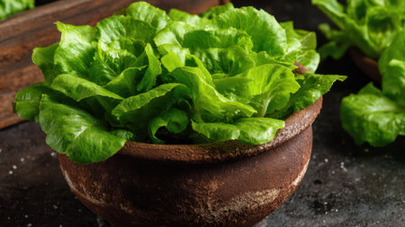 Bright green lettuce is nurtured in a rustic clay pot placed on a dark surface. The natural light highlights the freshness and texture of the leaves, adding vibrance.の素材