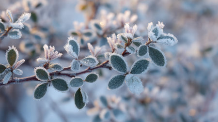 Delicate leaves are coated in frost, reflecting gentle morning sunlight. The scene captures the tranquility and beauty of winter in a quiet outdoor setting.の素材
