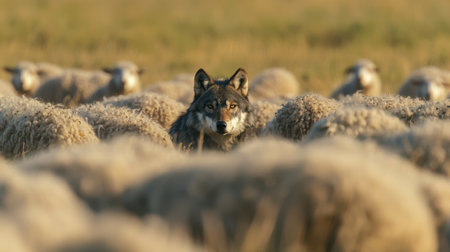 A lone wolf watches intently as a flock of sheep grazes peacefully in a wide green field under soft sunlight, showing nature's complex predator-prey relationship.の素材