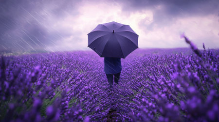 A person strolls through a vibrant lavender field under a cloudy sky, holding a black umbrella. The landscape is vivid with purple blossoms amidst raindrops falling softly.の素材