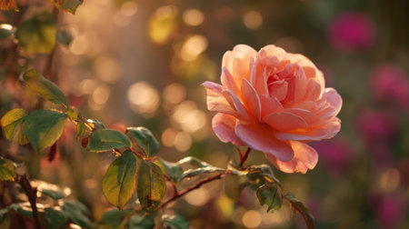 A stunning rose with soft peach petals stands out in a lively garden at sunset. The warm light enhances the colors of the flowers and surrounding foliage, creating a peaceful atmosphere.の素材