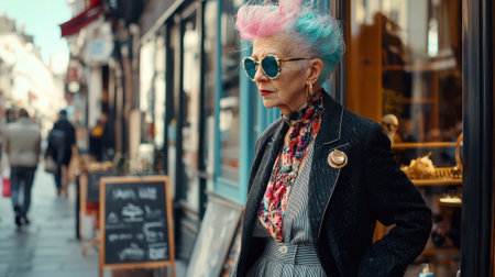 An older woman stands confidently on a bustling city street, sporting vibrant hair and stylish sunglasses. She wears a mix of vintage and modern fashion, showcasing her unique style.の素材