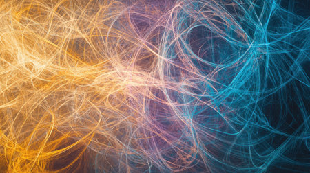 A vibrant composition showcases swirling lines in shades of orange, blue, and purple, creating an energetic and dynamic visual experience that captivates the viewer's attention.の素材