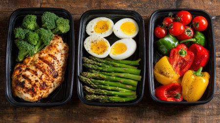 Three meal containers showcase a balanced meal prep including grilled chicken, fresh vegetables, and boiled eggs, ideal for nutritious eating throughout the week.の素材
