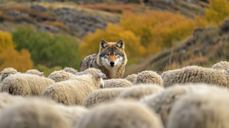 A wolf stands alert among a flock of sheep in a picturesque rural area. The vibrant autumn foliage creates a striking backdrop for nature's playful predator-prey dynamic.の素材