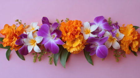 A variety of vibrant flowers, including purple orchids and orange marigolds, are arranged elegantly on a soft pink background, adding cheerful decoration.の素材