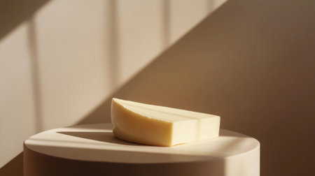 A white soap is sitting on a white pedestal. The soap is cut in half, and the shadow of the soap is cast on the pedestal. Concept of simplicity and eleganceの素材