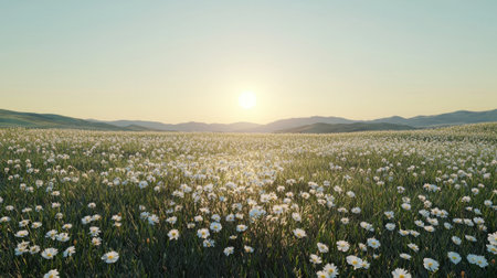 A sprawling field filled with white daisies stretches out under a breathtaking sunset. Distant mountains create a serene backdrop, enhancing the beauty of nature.の素材