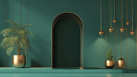 A contemporary interior with a teal wall and gold accents. Elegant lighting hangs above with a mix of plants in decorative pots. A minimalistic archway adds depth to the room.の素材