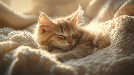 A cat is sleeping on a blanket. The cat is curled up and has its eyes closed. The blanket is white and fluffyの素材