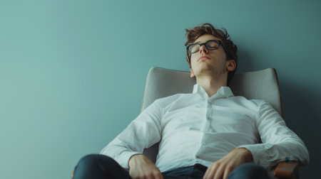 A man in a white shirt is sitting in a chair and appears to be sleeping. Concept of relaxation and restfulnessの素材