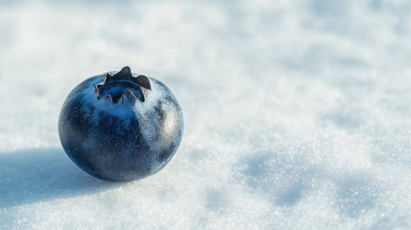A blueberry is sitting on top of the snow. The blueberry is surrounded by a white blanket of snowの素材