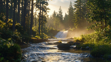 A beautiful stream of water flows through a forest. The sunlight is shining through the trees, creating a peaceful and serene atmosphereの素材
