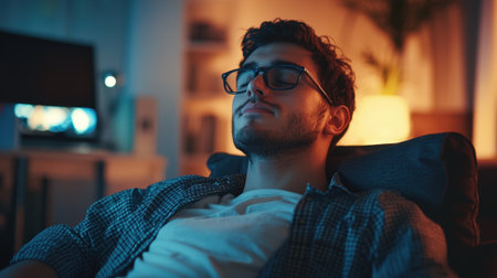 A man is sleeping in a chair with a lamp behind him. The room is dimly lit, and the man is wearing glassesの素材