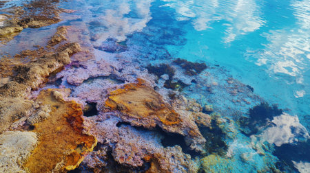 A rocky shoreline with a blue ocean in the background. The rocks are covered in algae and seaweed, giving the scene a natural and serene atmosphereの素材