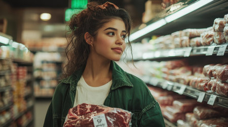 A woman is shopping in a grocery store and is holding a package of meat. She is wearing a green jacket and has her hair in a ponytailの素材