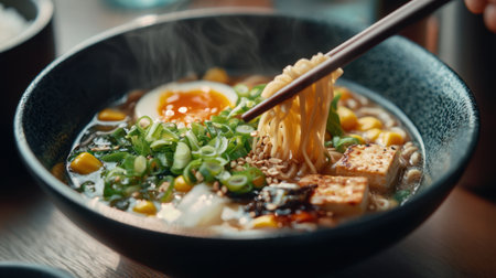 A bowl of ramen with chopsticks in it. The bowl is black and the noodles are yellowの素材