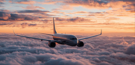 A large airplane is flying through a cloudy sky. The sky is orange and the clouds are whiteの素材