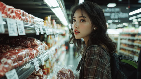 A woman is shopping in a grocery store and is holding a bag of meat. She is looking at the meat section and seems to be interested in the productsの素材