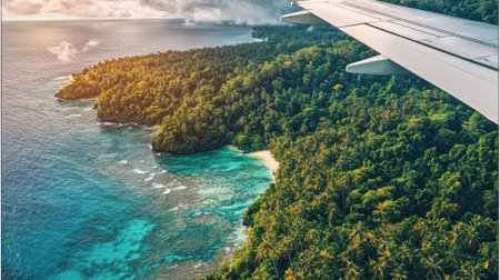A plane flies over a lush green forest and a blue ocean. The sky is cloudy and the sun is shining through the clouds. The scene is serene and peaceful, with the oceanの素材