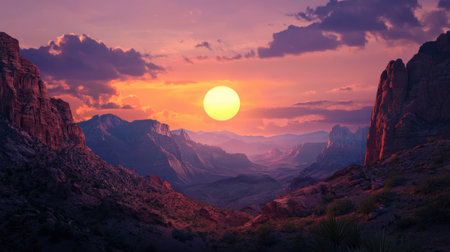 A sunset over a mountain range with a large sun in the sky. The sky is filled with clouds, creating a moody atmosphereの素材