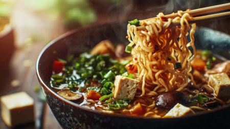 A bowl of ramen noodles with a piece of meat in it. The noodles are long and the meat is cut into small pieces. The bowl is on a wooden tableの素材