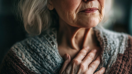 A woman with a knit sweater on her chest and a hand on her heart. She looks sad and lonelyの素材