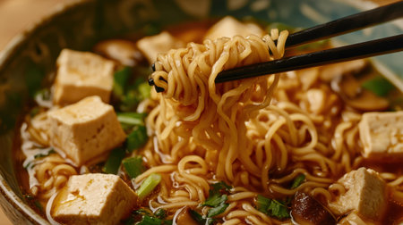 A bowl of ramen noodles with tofu and vegetables. The noodles are long and the chopsticks are holding a piece of noodleの素材