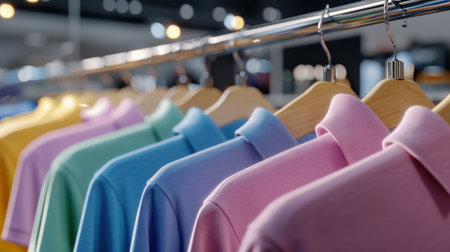 A rack of clothes with a variety of colors including pink, yellow, and blue. The clothes are hanging on a rack, and the colors are bright and cheerfulの素材