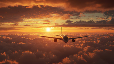 A plane is flying through a cloudy sky with a beautiful sunset in the background. The sky is filled with clouds, and the sun is setting, creating a warm and serene atmosphereの素材