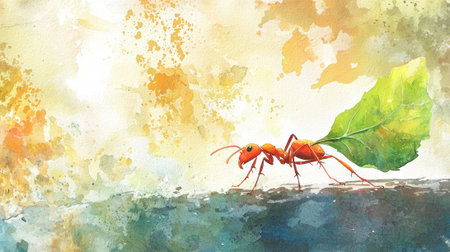 A red ant is walking on a leaf. The leaf is green and the background is blueの素材
