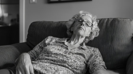 A woman is sleeping on a couch. She is wearing glasses and has a white shirt on. The couch is black and the room is dimly litの素材