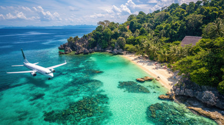 A small plane is flying over a beautiful beach with crystal clear water. The sky is blue and the sun is shining brightly. The scene is peaceful and sereneの素材