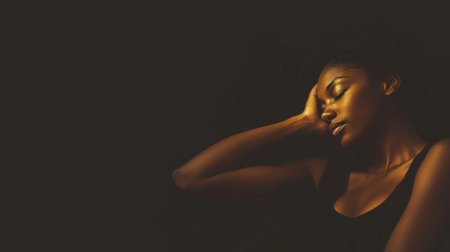 A woman is laying down with her head on her hand. The image is dark and moody, with the woman's face looking tired and sadの素材