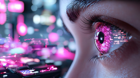 A woman's eye is shown in a computer generated image with a pink hue. The eye is surrounded by a blurry background, giving the impression of a futuristic or sci-fi settingの素材