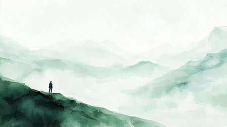 A person is standing on a hill overlooking a mountain range. The sky is cloudy and the mountains are covered in mist. Concept of solitude and contemplation, as the person stands alone on the hilltopの素材