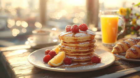 A stack of pancakes with raspberries and powdered sugar on top, and a glass of orange juiceの素材