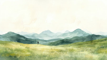 A person is walking in a field with mountains in the background. The scene is peaceful and serene, with the person standing alone in the vast open spaceの素材