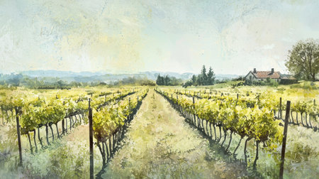 A painting of a vineyard with a house in the background. The painting is done in watercolor and has a peaceful, serene moodの素材