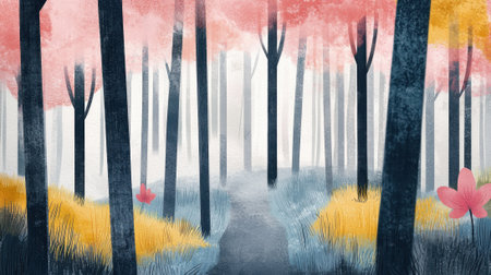 A tranquil forest scene with a winding path leading through the trees. The path is surrounded by tall, leafy trees of various sizes, creating a sense of depth and dimensionの素材