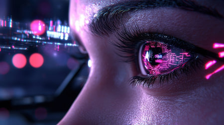 A woman's eye is shown in a computer generated image with a pink hue. The eye is surrounded by a glowing, pixelated pattern that gives the impression of a futuristic, digital worldの素材