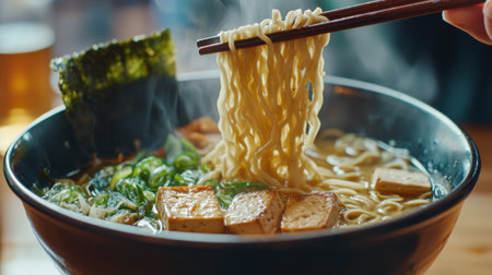 A bowl of noodles with meat and vegetables. The noodles are long and the meat is cut into small pieces. The bowl is black and the noodles are yellowの素材