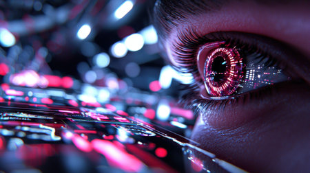 A woman's eye is shown in a digital image with a glowing red circle in the center. The eye is surrounded by a blurry background of colorful lights and patterns. Concept of futuristic technologyの素材
