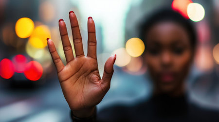 A woman's hand is raised in a "stop" gesture. The image is blurry and has a dark, moody atmosphereの素材