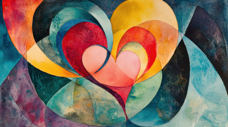 A painting of a heart with a blue background. The heart is surrounded by a rainbow of colors and is the main focus of the painting. The painting conveys a sense of love and happinessの素材