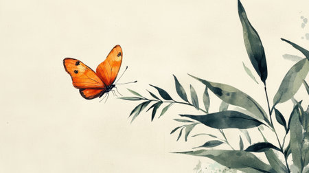 A butterfly is perched on a leaf. Concept of tranquility and peace, as the butterfly is a symbol of freedom and beauty. The leafy background adds to the natural and calming atmosphere of the sceneの素材