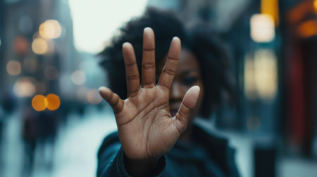 A woman with a hand raised in the air. The image is blurry and has a dark moodの素材