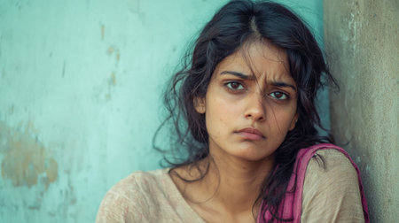 A woman with dark hair and a pink shirt is looking at the camera with a sad expression. She is wearing a pink scarf and she is in a difficult situationの素材